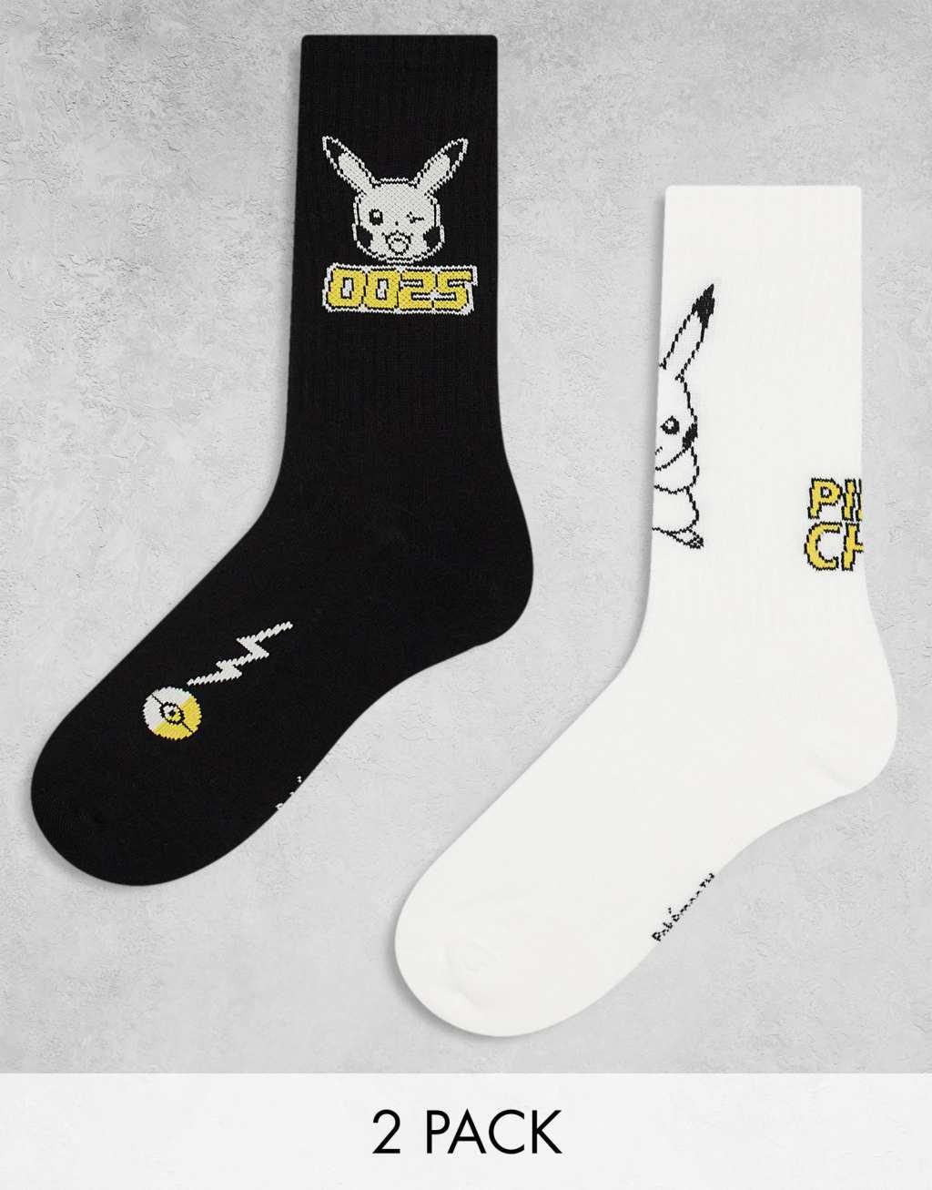 ASOS DESIGN 2 pack Pokémon socks with Pikachu character in black and white Product Image