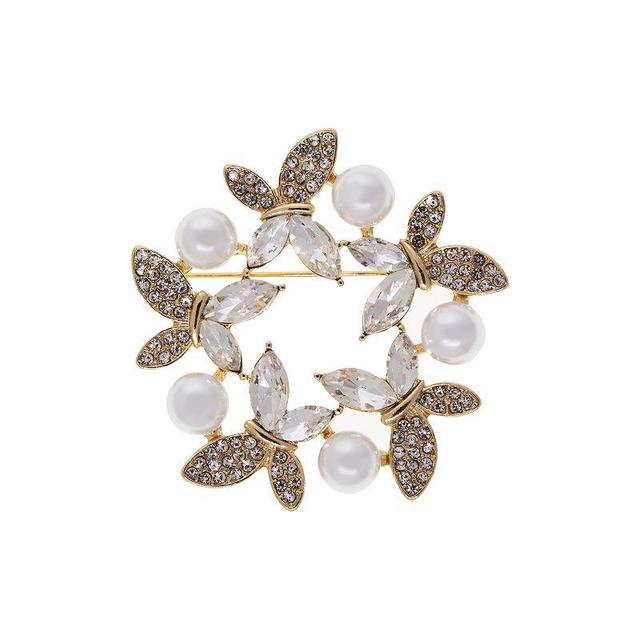 1928 Gold Tone Crystal & Simulated Pearl Round Butterfly Pin, Womens, White Product Image