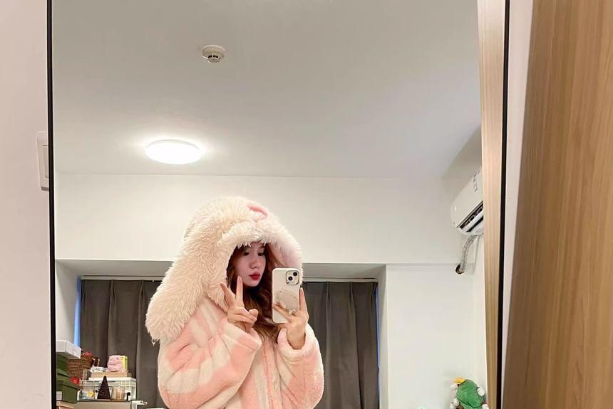 Rabbit Ear Hooded Fleece Striped Pajama Robe Product Image