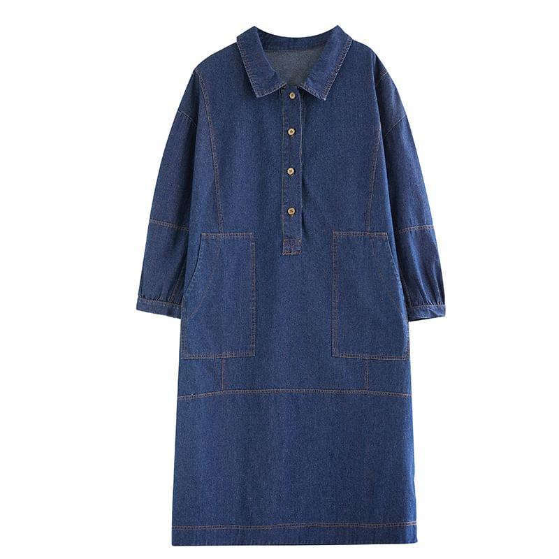 Puff-Sleeve Henley Denim Midi Shirt Dress Product Image