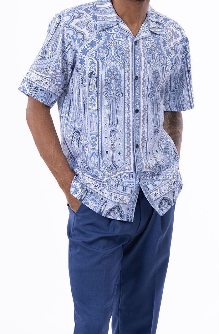 Navy Floral Pattern Walking Suit 2 Piece Short Sleeve Set Product Image