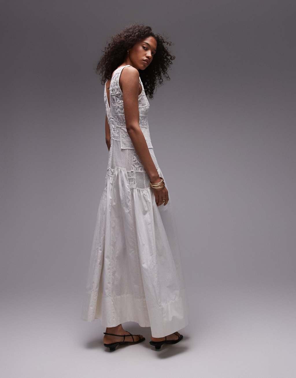 Topshop premium sleeveless eyelet midi dress with removable lining in ivory Product Image