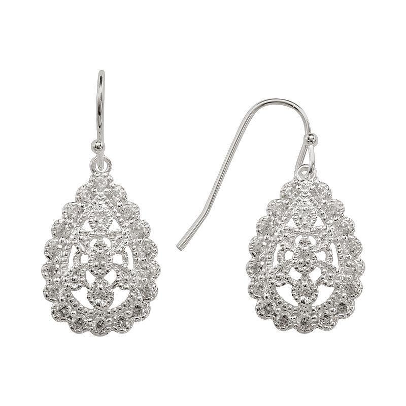 Silver Plated Cubic Zirconia Filigree Teardrop Earrings, Womens, Color Product Image