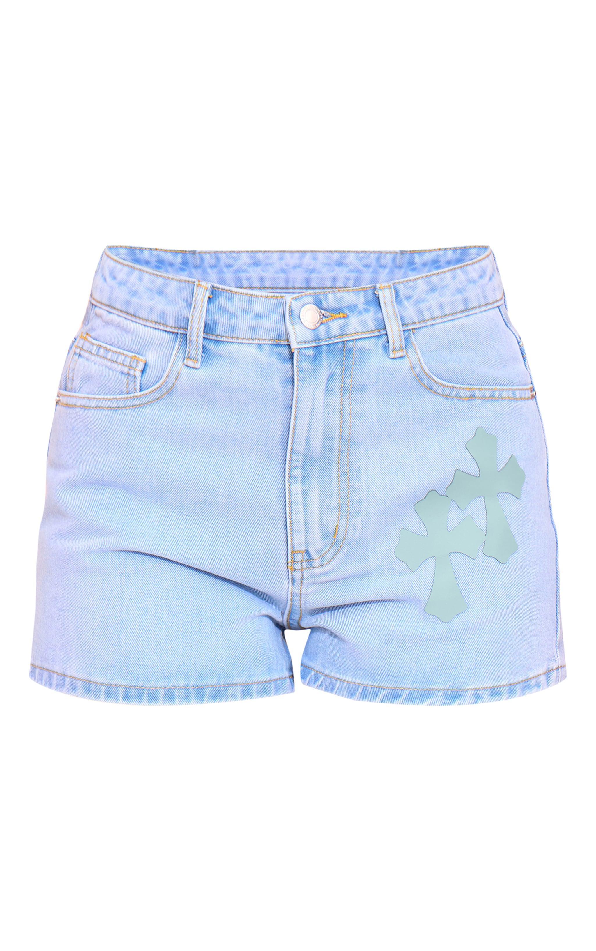 Petite Light Blue Denim Cross Applique Shorts Product Image