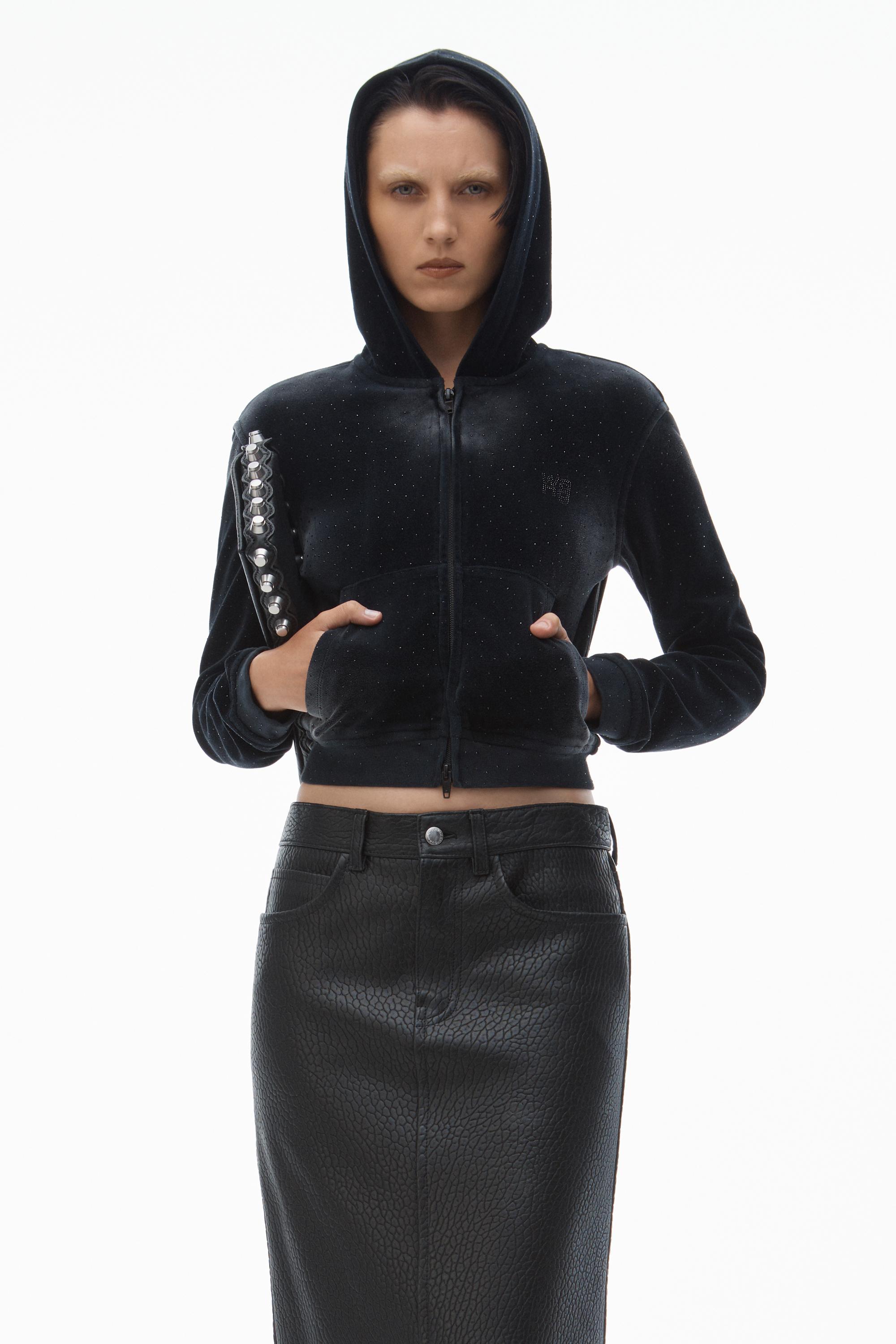 Hoodie With Clear Bead Hotfix In Crushed Velour Product Image