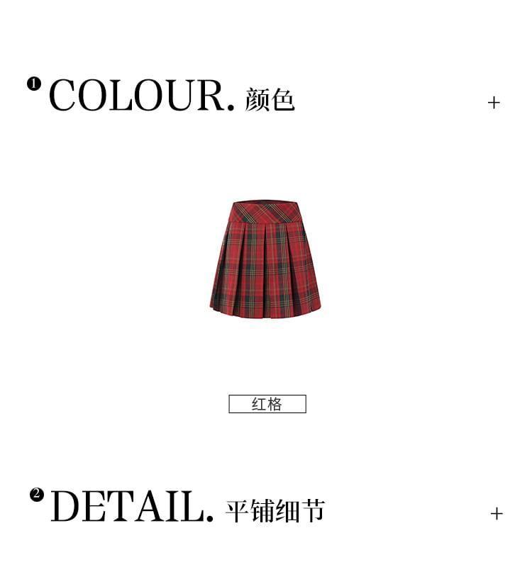 High Waist Plaid Pleated Mini A-Line Skirt Product Image