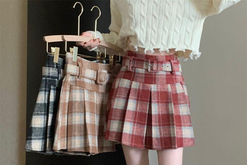 Set: High Rise Plaid Pleated Mini A-Line Skirt + Belt Product Image