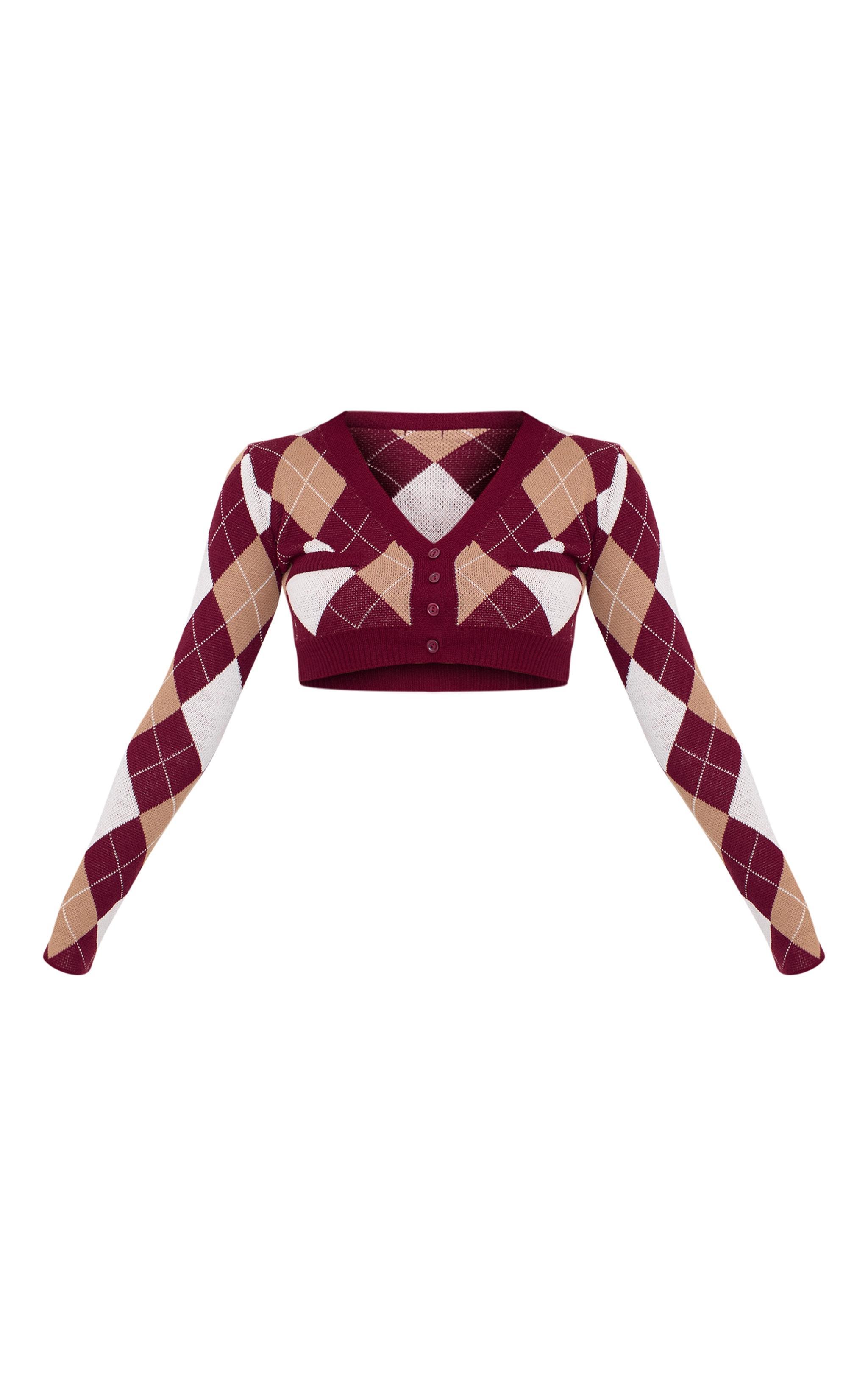 Burgundy Argyle Jacquard Knitted V Neck Cropped Cardigan Product Image