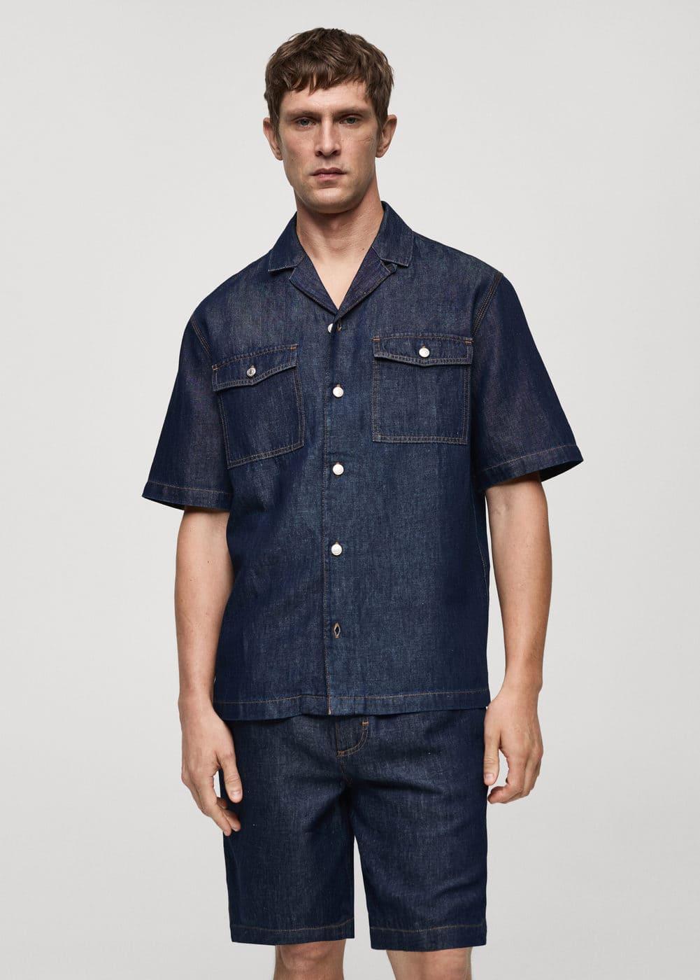 MANGO MAN - Cotton linen denim shirt open blueMen Product Image