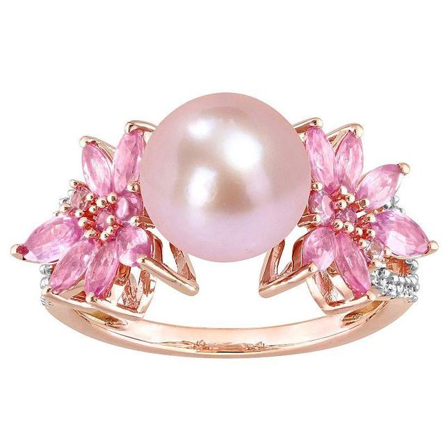 Stella Grace 14k Rose Gold Dyed Pink Freshwater Cultured Pearl, Pink Sapphire & 1/8 Carat T.W. Diamond Flower Ring, Womens Product Image