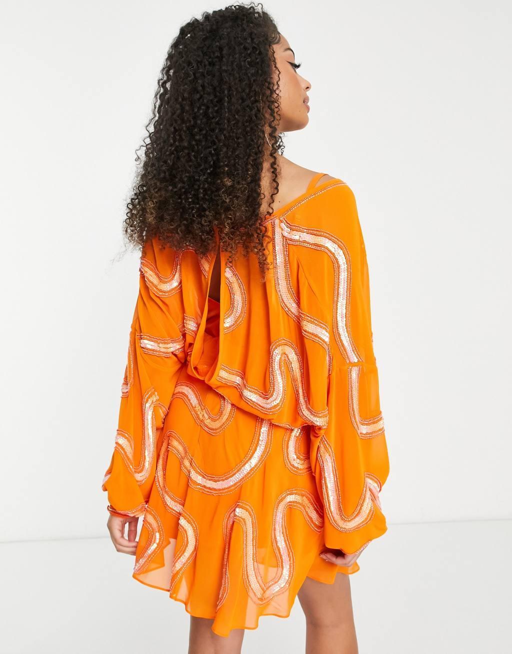 ASOS DESIGN Tall Rouleaux loop tie waist mini dress with swirl embellishment in orange Product Image