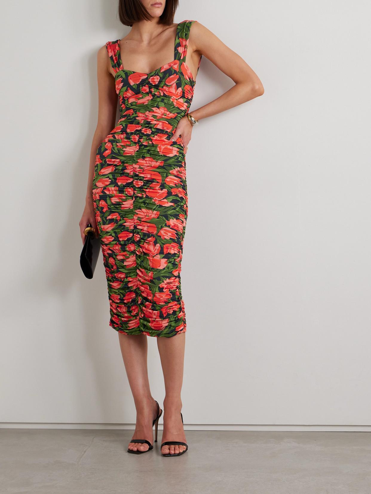 CAROLINA HERRERA Floral-print Ruched Midi Dress In Midnight Multi Product Image