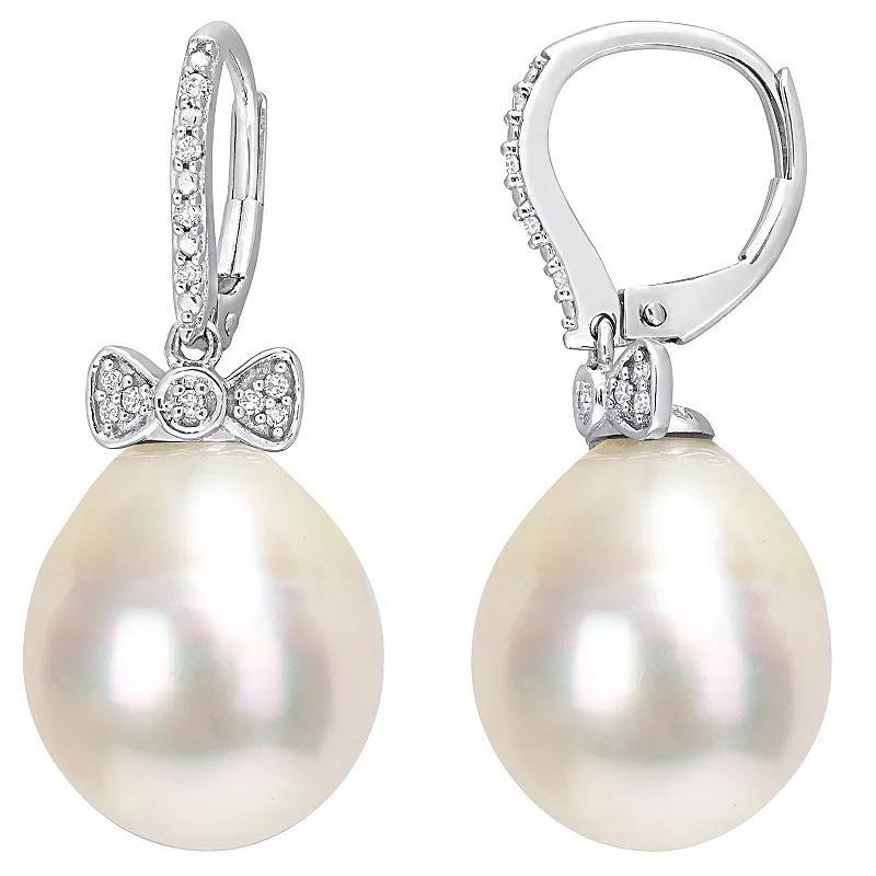 Stella Grace 14k White Gold South Sea Cultured Pearl & 1/10 Carat T.W. Diamond Bow Leverback Earrings, Womens Product Image