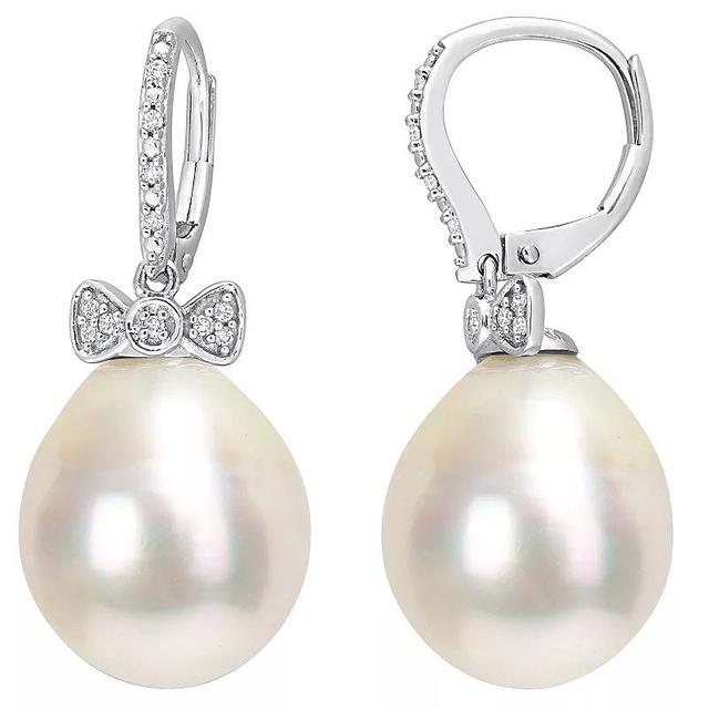 Stella Grace 14k White Gold South Sea Cultured Pearl & 1/10 Carat T.W. Diamond Bow Leverback Earrings, Womens Product Image