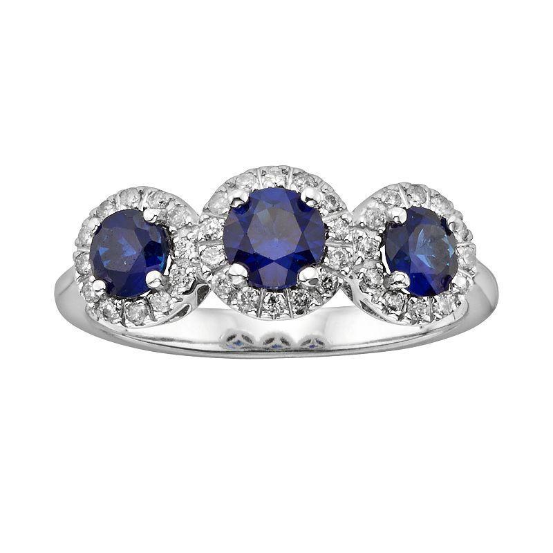 The Regal Collection 14k White Gold Genuine Sapphire and 1/5-ct. T.W. IGL Certified Diamond 3-Stone Frame Ring, Womens Blue Product Image