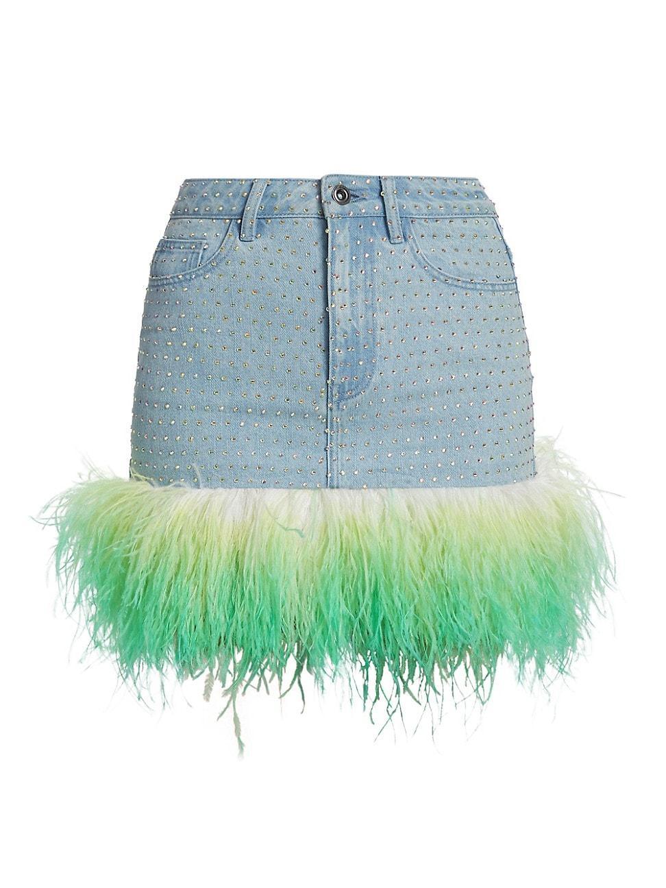 Womens Rhinestone & Feather Denim Miniskirt Product Image