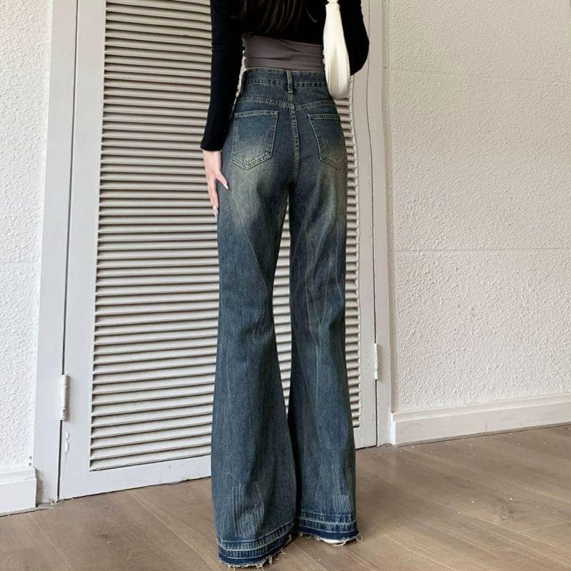 High Waist Washed Straight-Fit Boot-Cut Jeans Product Image