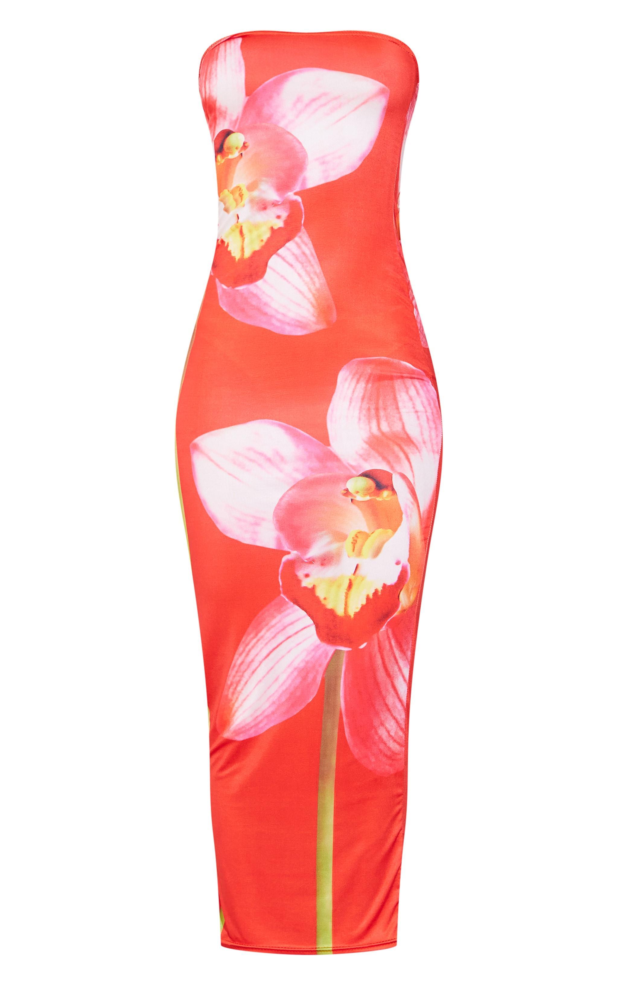 Red Slinky Bandeau Large Floral Print Midaxi Dress Product Image