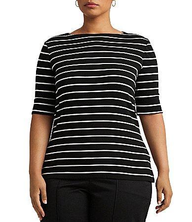 Lauren Ralph Lauren Plus Size Stripe Boat Neck Short Sleeve T Product Image