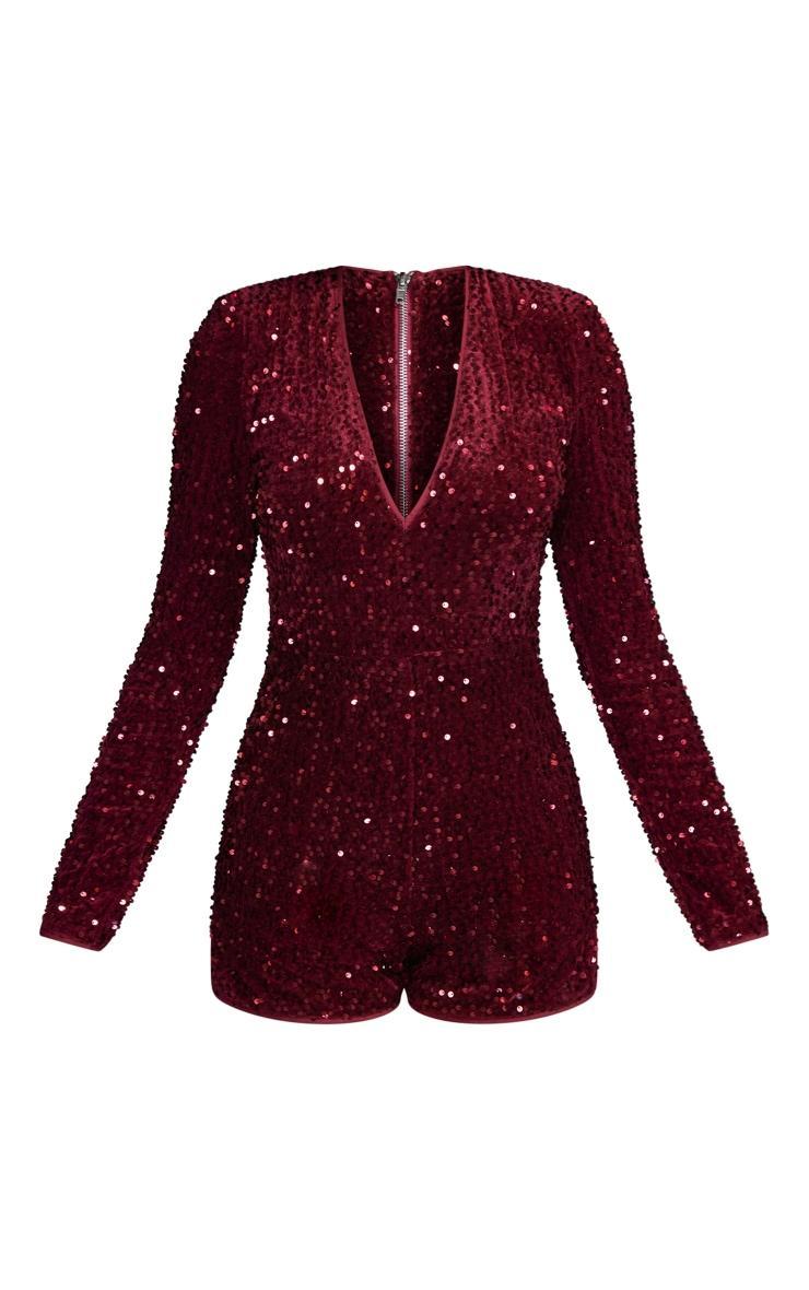 Burgundy Velvet Sequin Plunge Long Sleeve Romper Product Image