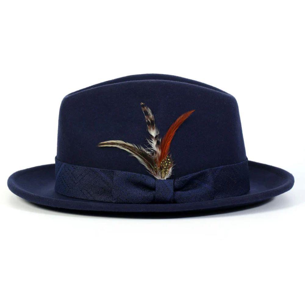 Navy Wool Felt Dress Hat with Feather Accent Product Image