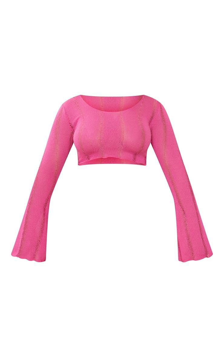 Shape Hot Pink Ladder Detail Knit Flare Sleeve Crop Top Product Image