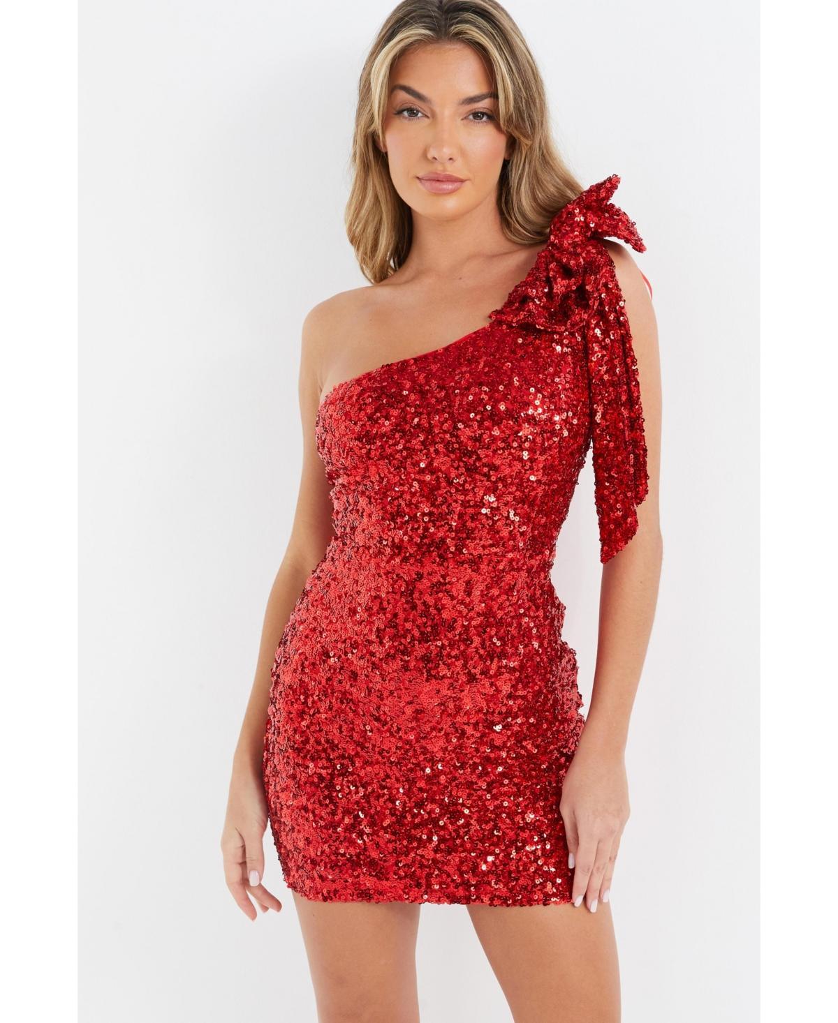 Quiz Womens Bow One-Shoulder Sequin Bodycon Dress Product Image