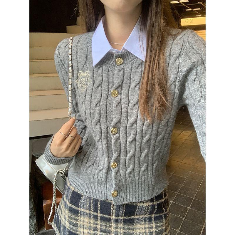 Crew Neck Embroidered Cable Knit Button-Up Crop Cardigan Product Image