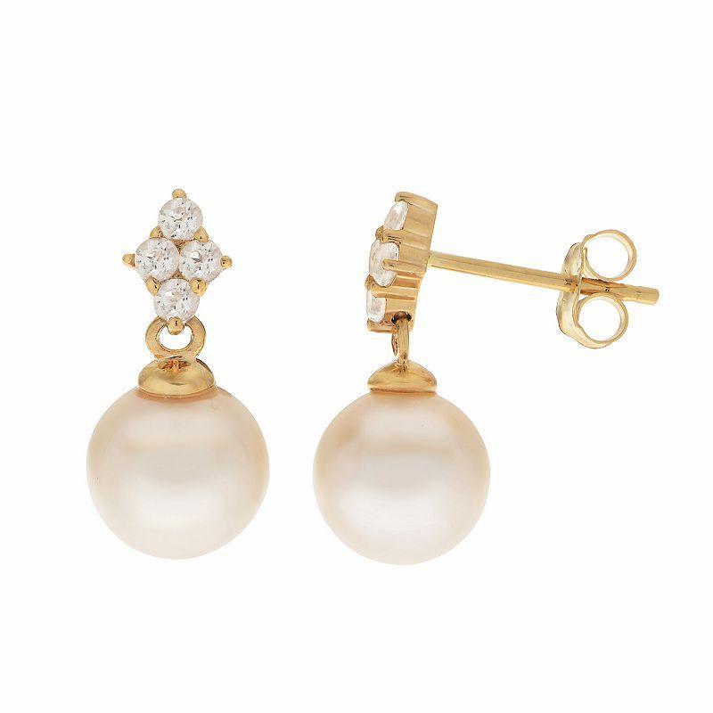 PearLustre by Imperial 14k Gold Freshwater Cultured Pearl & White Topaz Drop Earrings, Womens Product Image