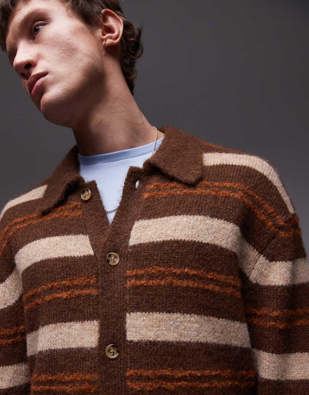 Topman relaxed polo cardigan in brushed brown stripe Product Image