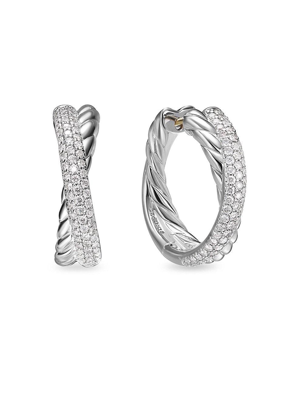 Womens Crossover Hoop Earrings in Sterling Silver with Diamonds, 22.4MM Product Image