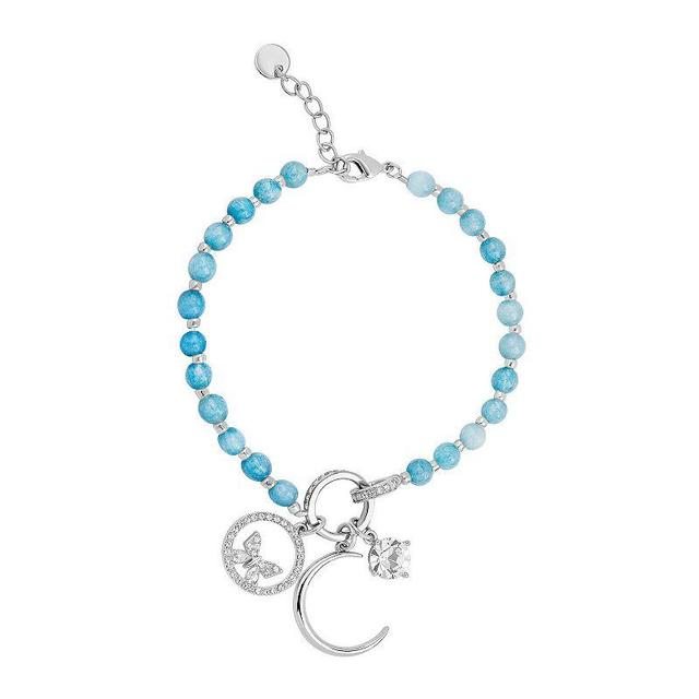 Fine Silver Plated Crystal Blue Beaded Crescent Moon & Butterfly Charm Bracelet, Womens Silver Tone Light Blue Product Image