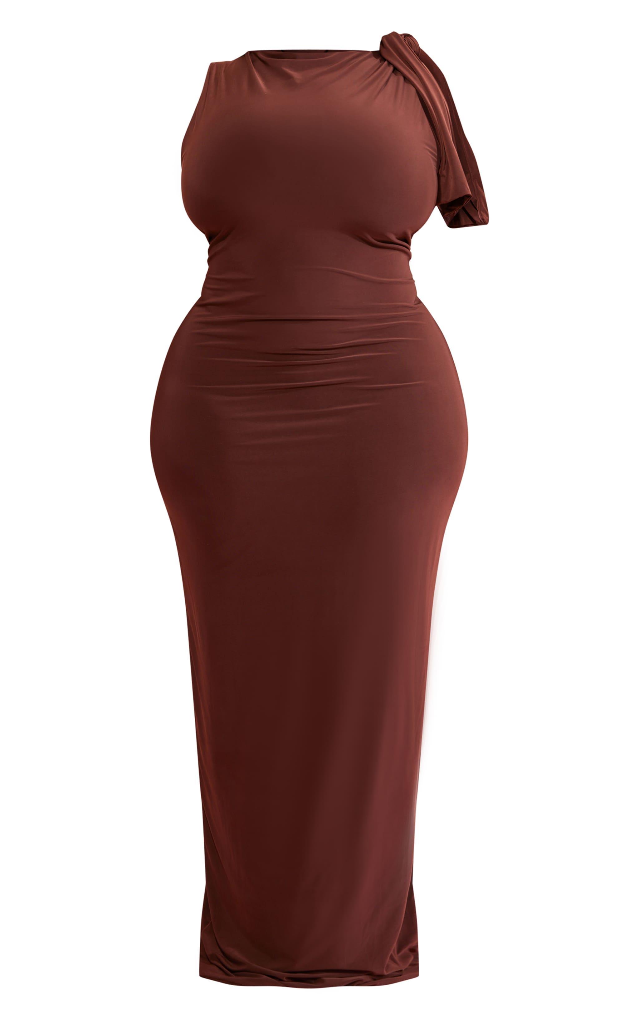 Plus Chocolate Slinky Knot Drape Midaxi Dress Product Image