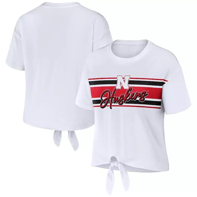 Womens Wear by Erin Andrews White Nebraska Huskers Striped Front Knot Cropped T-shirt Product Image