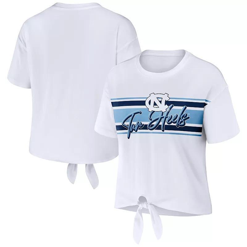 Womens Wear by Erin Andrews White North Carolina Tar Heels Striped Front Knot Cropped T-shirt Product Image