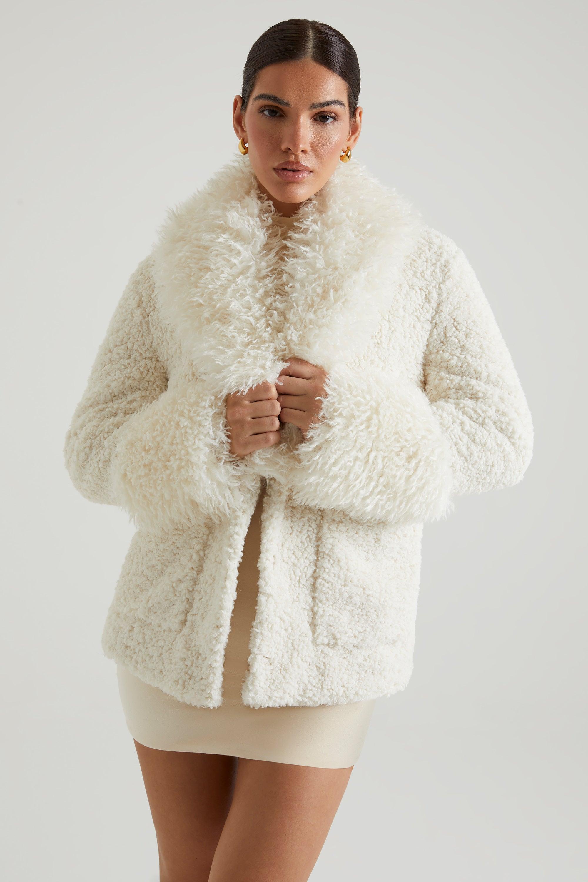 Shearling Coat with Large Front Pockets in Cream Product Image