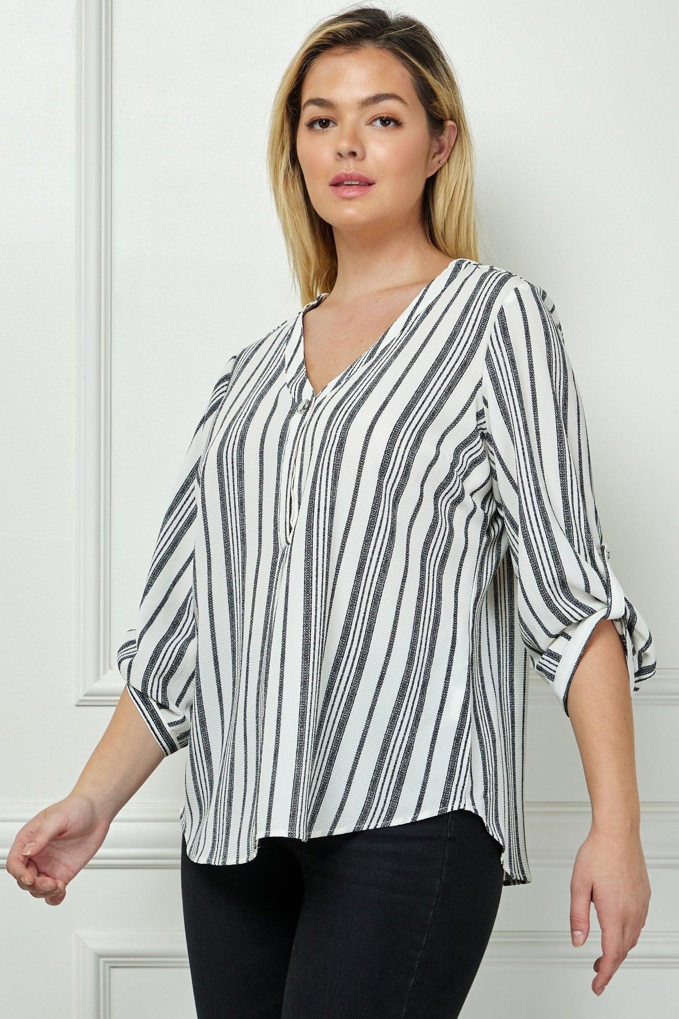 Ivory 3/4 Button Tab Sleeve V Neck Popover - Plus Product Image