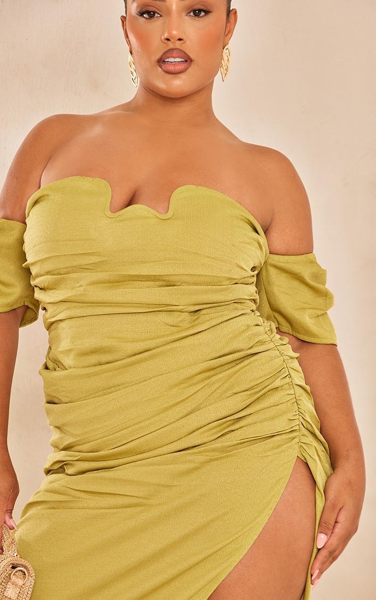 Plus Olive Textured Bardot Underwired Ruched Maxi Dress Product Image