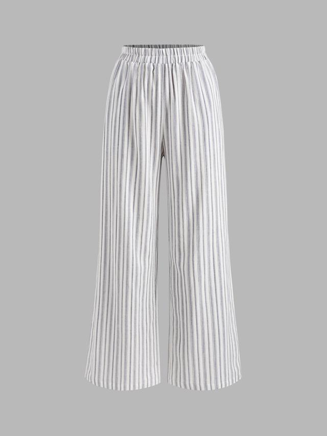 Cotton-blend Mid Rise Striped Pocket Wide Leg Trousers  Product Image