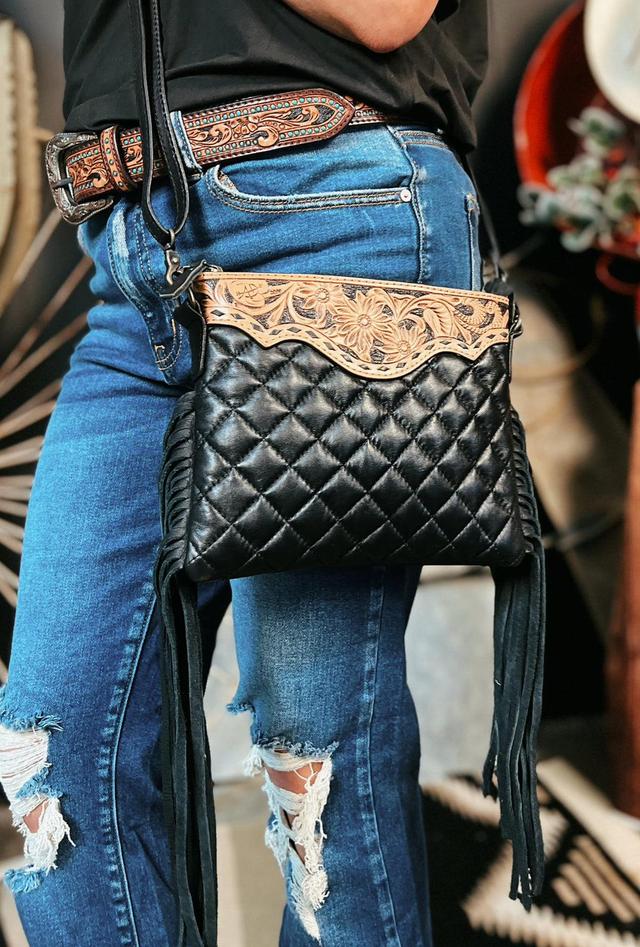 Darling Quilted Black Leather Crossbody Bag With Fringe Product Image