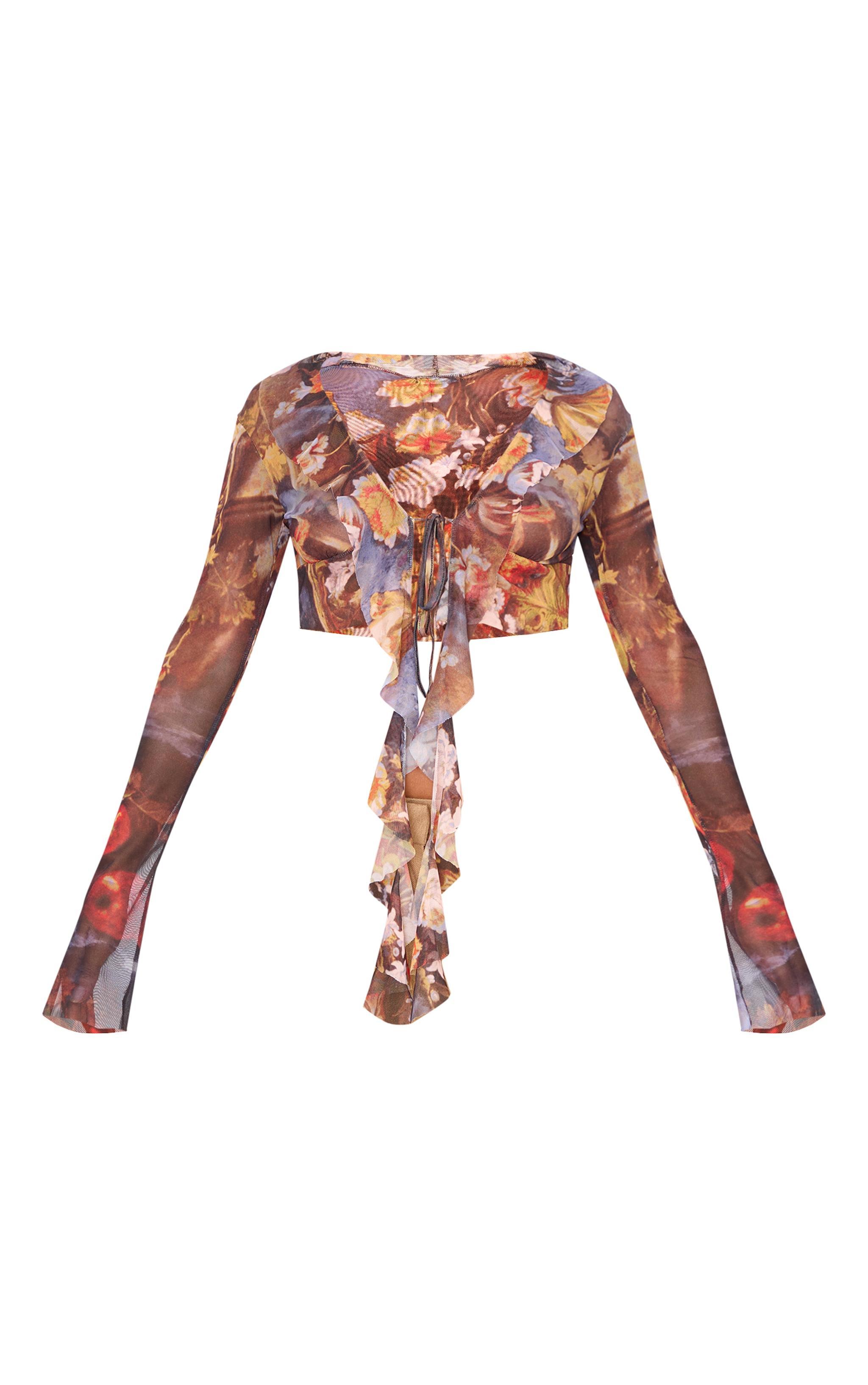 Multi Printed Mesh Ruffle Long Sleeve Drape Crop Top Product Image