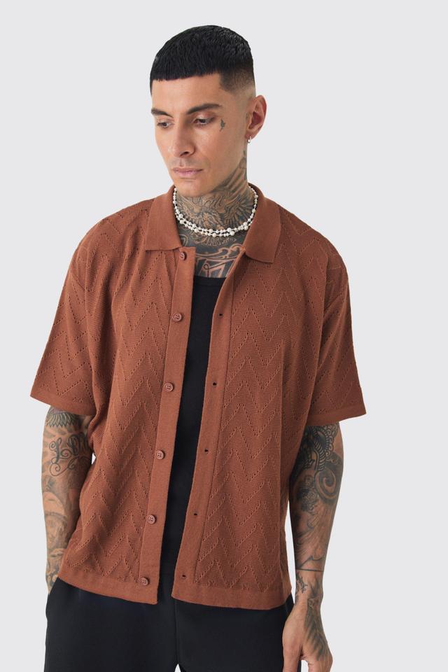 Tall Short Sleeve Boxy Open Stitch Knitted Shirt | boohooMAN USA Product Image