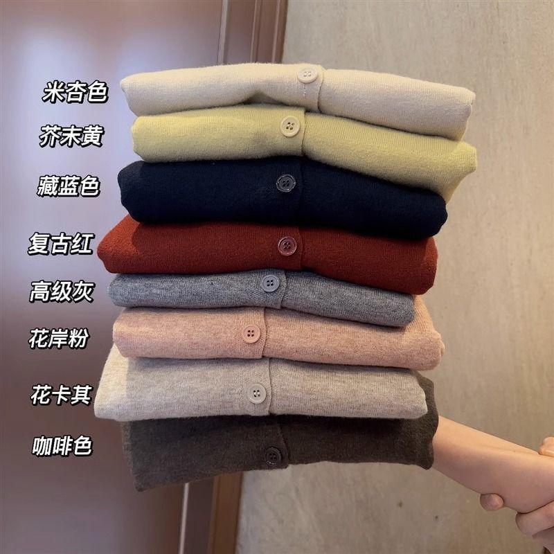 Crew Neck Plain Button-Up Cardigan Product Image