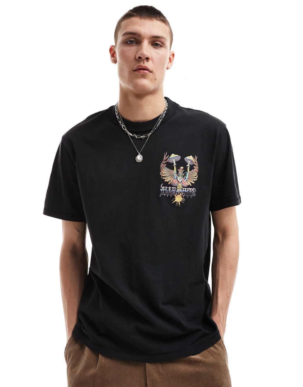 AllSaints Strummer back print T-shirt in black Product Image