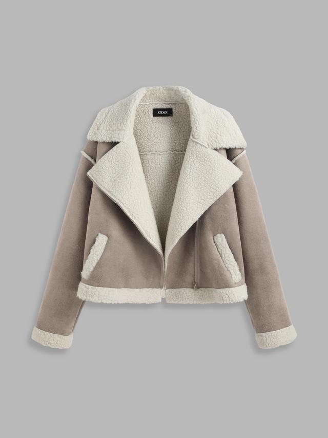 Faux Shearling Solid Contrasting Collar Jacket Product Image