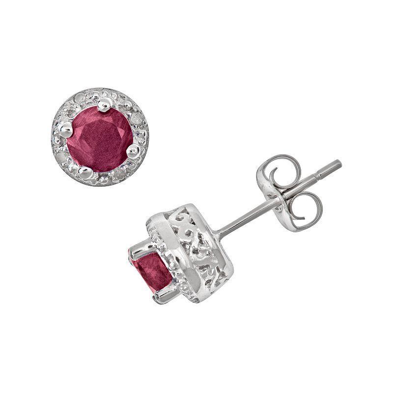 Belk & Co Sterling Silver 5Mm Round Ruby Diamond Accent Halo Stud Earrings Product Image