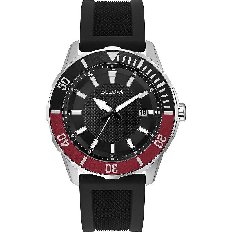 Bulova Mens Diver Stainless Steel Black and Red Bezel Black Rubber Strap Watch - 98B348 Product Image