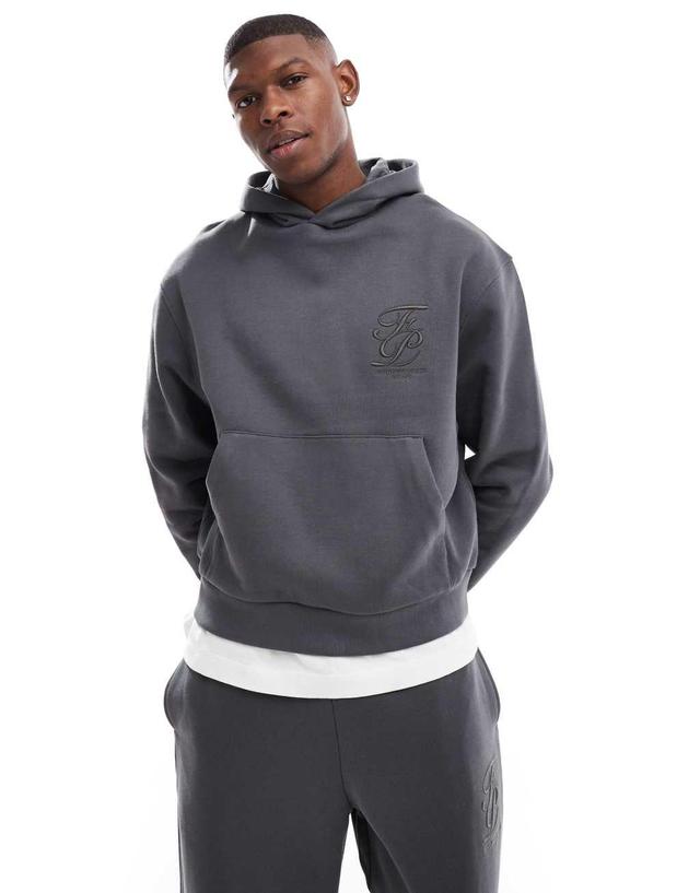 ASOS DESIGN boxy oversized hoodie with high build embroidery print in charcoal Product Image