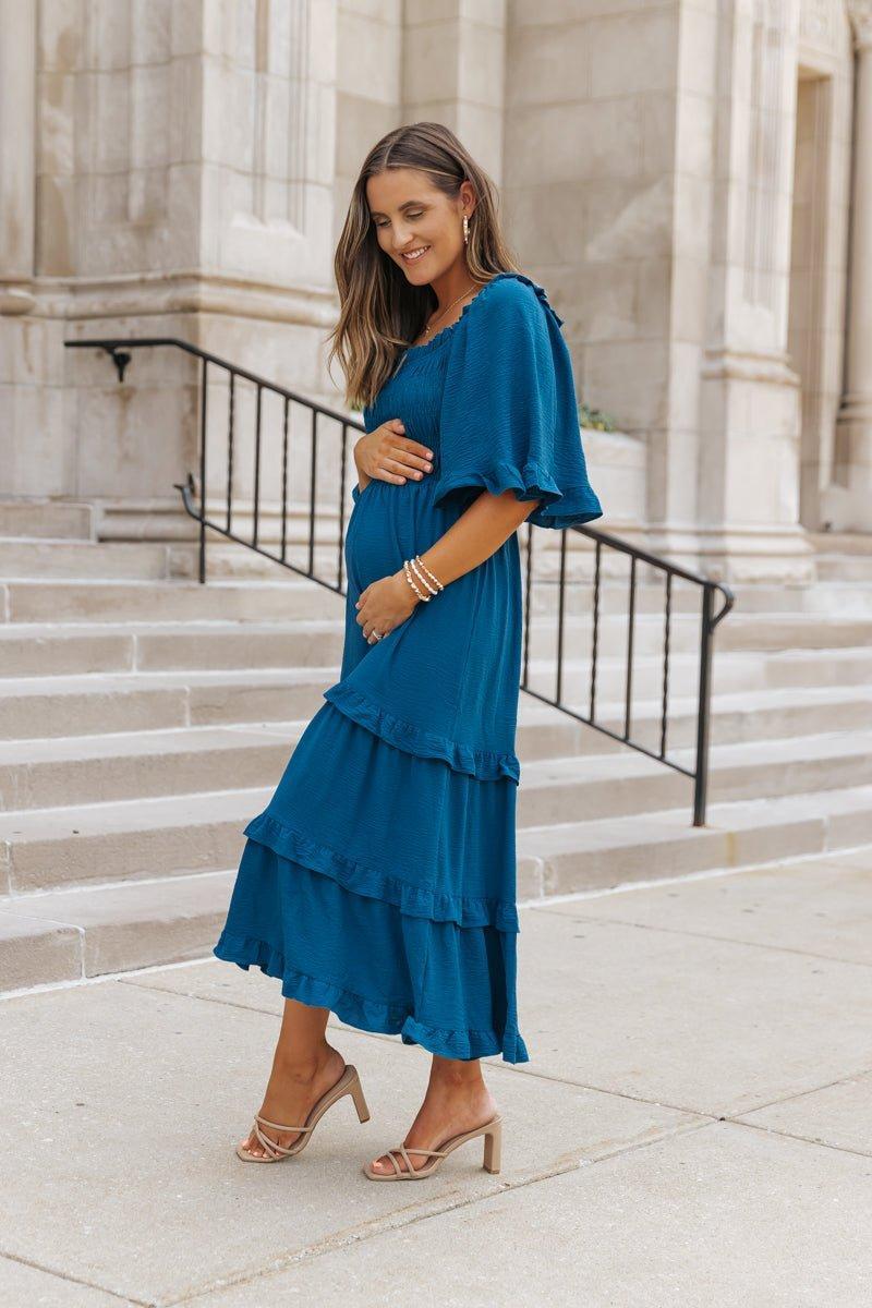 Blue Off The Shoulder Tiered Midi Dress - FINAL SALE Product Image