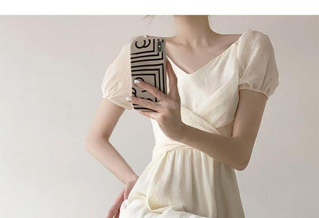 Short-Sleeve V-Neck Plain Tie Waist Midi A-Line Dress Product Image